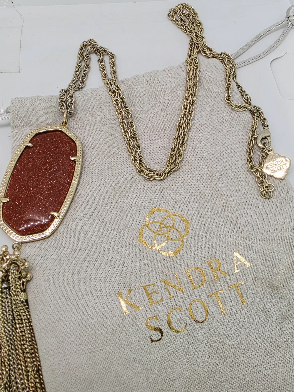 Kendra Scott Rayne Long Tassel Pendant Necklace Gold Tone Goldstone Sparkle